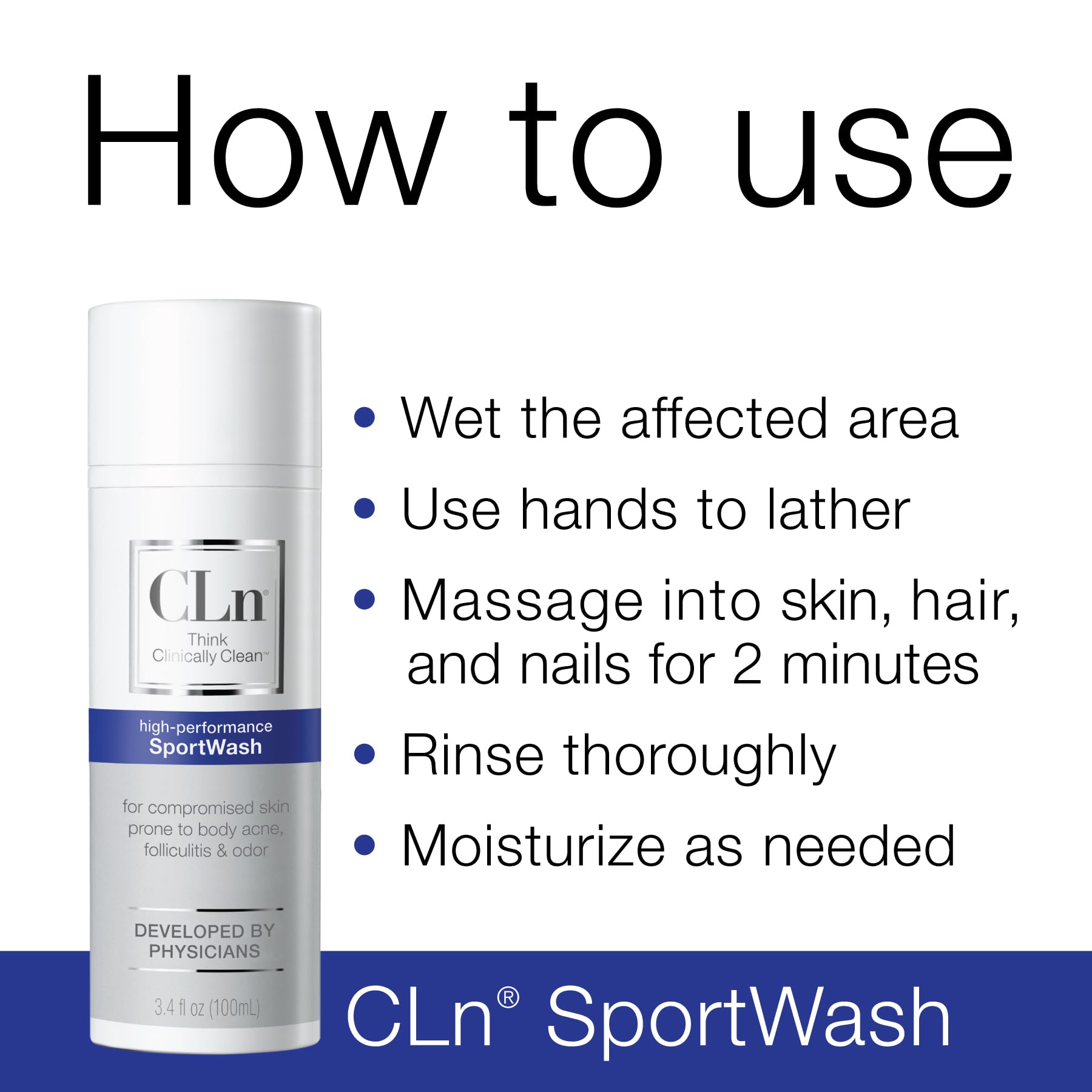 Wet body in the shower using CLn SportWash for odor control.