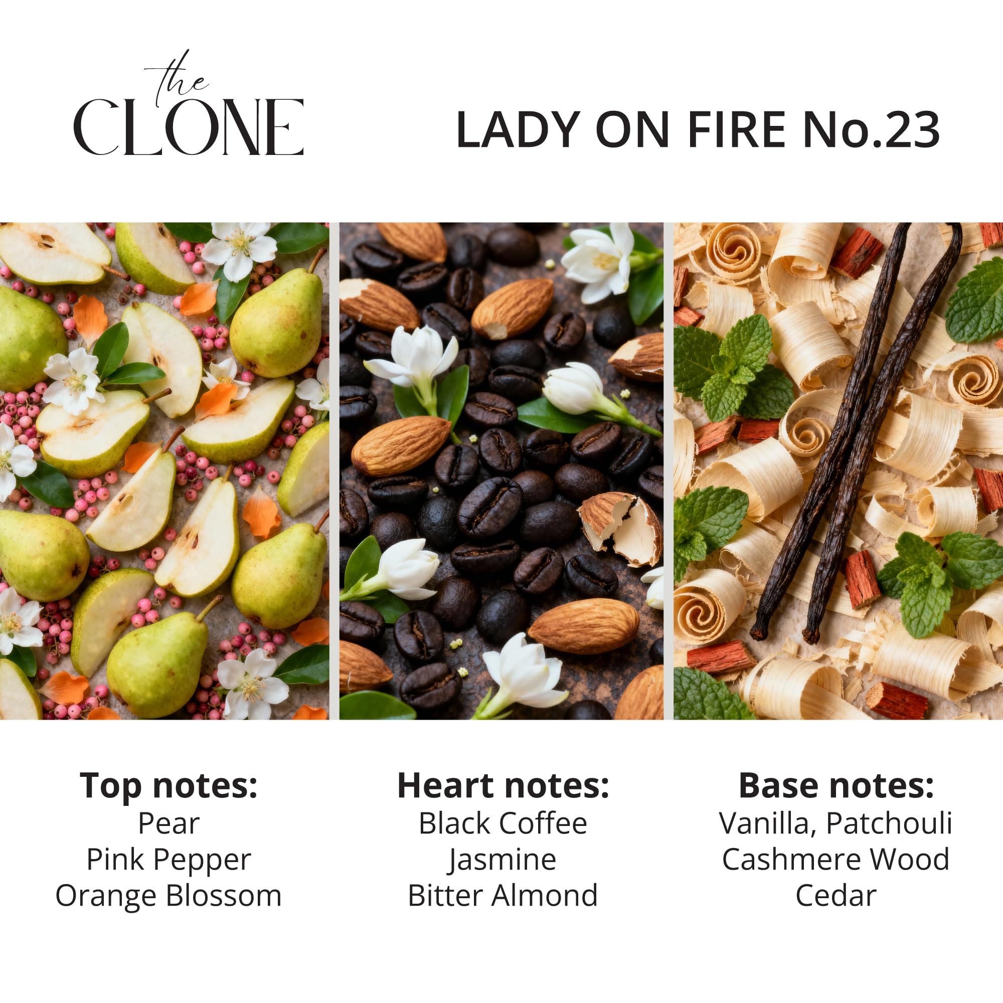 Clone Lady on Fire 23 bottle side view, luxurious scent profile for evenings.