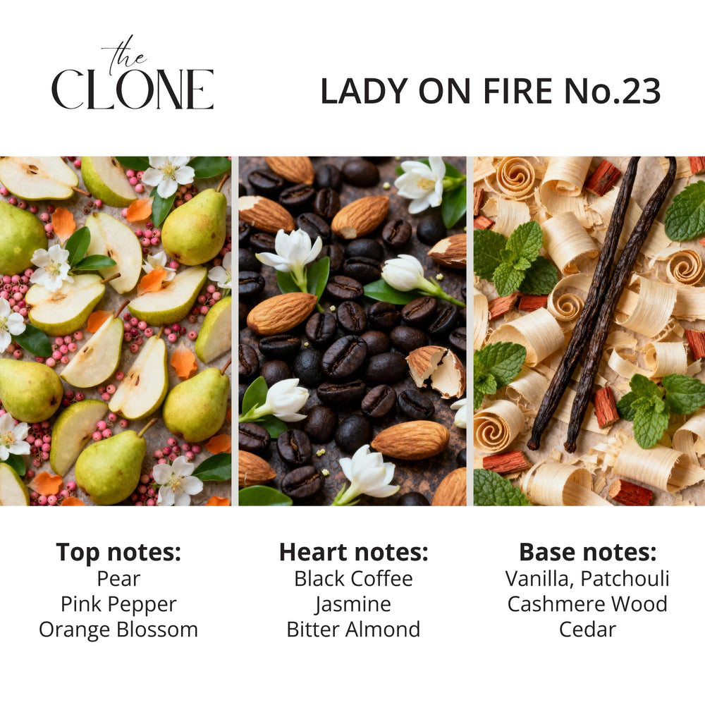 Clone Lady on Fire 23 bottle side view, luxurious scent profile for evenings.