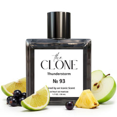 Clone Thunderstorm 93 bottle being poured, versatile unisex fragrance for day to night.