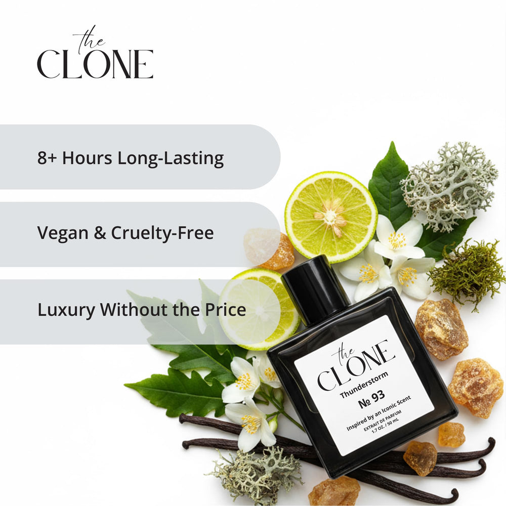 Clone Thunderstorm 93 close-up label, premium ingredients highlighting luxury fragrance.