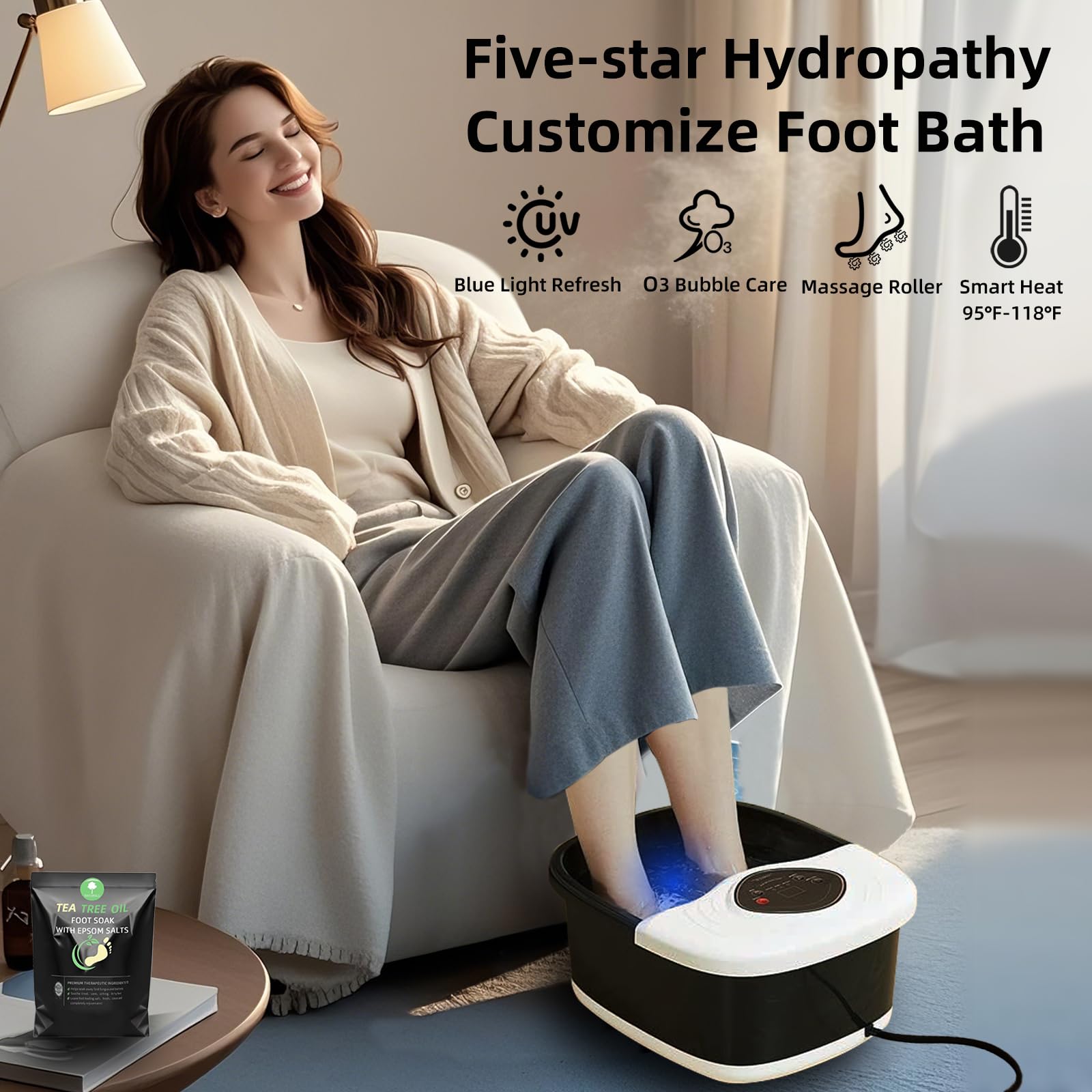 Closewave Foot Spa featuring Shiatsu rollers eases tension in tired feet.