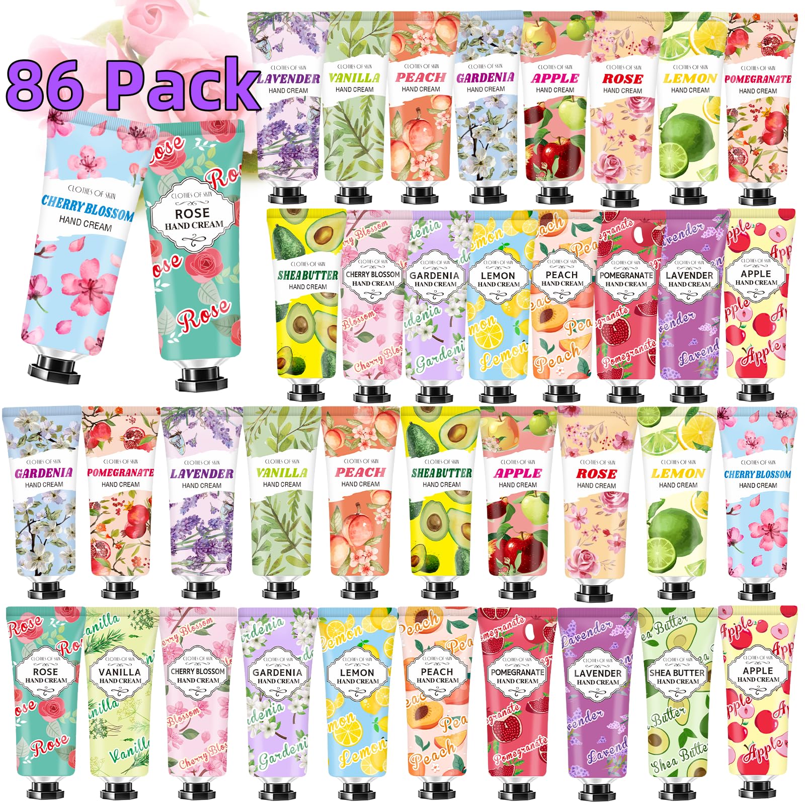 CLOTHES OF SKIN 86-pack rose hand cream, travel-size moisture for daily care.