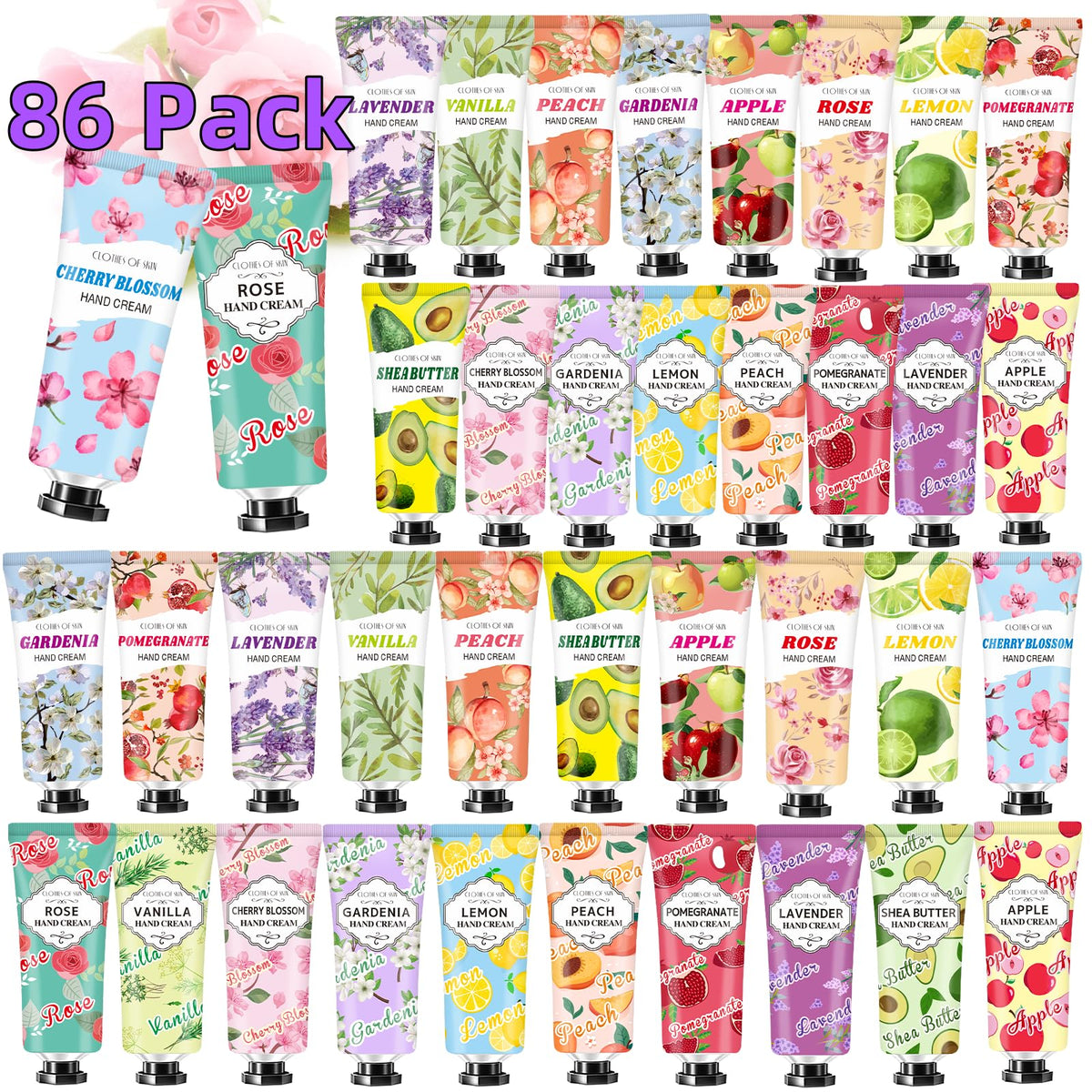CLOTHES OF SKIN 86-pack rose hand cream, travel-size moisture for daily care.