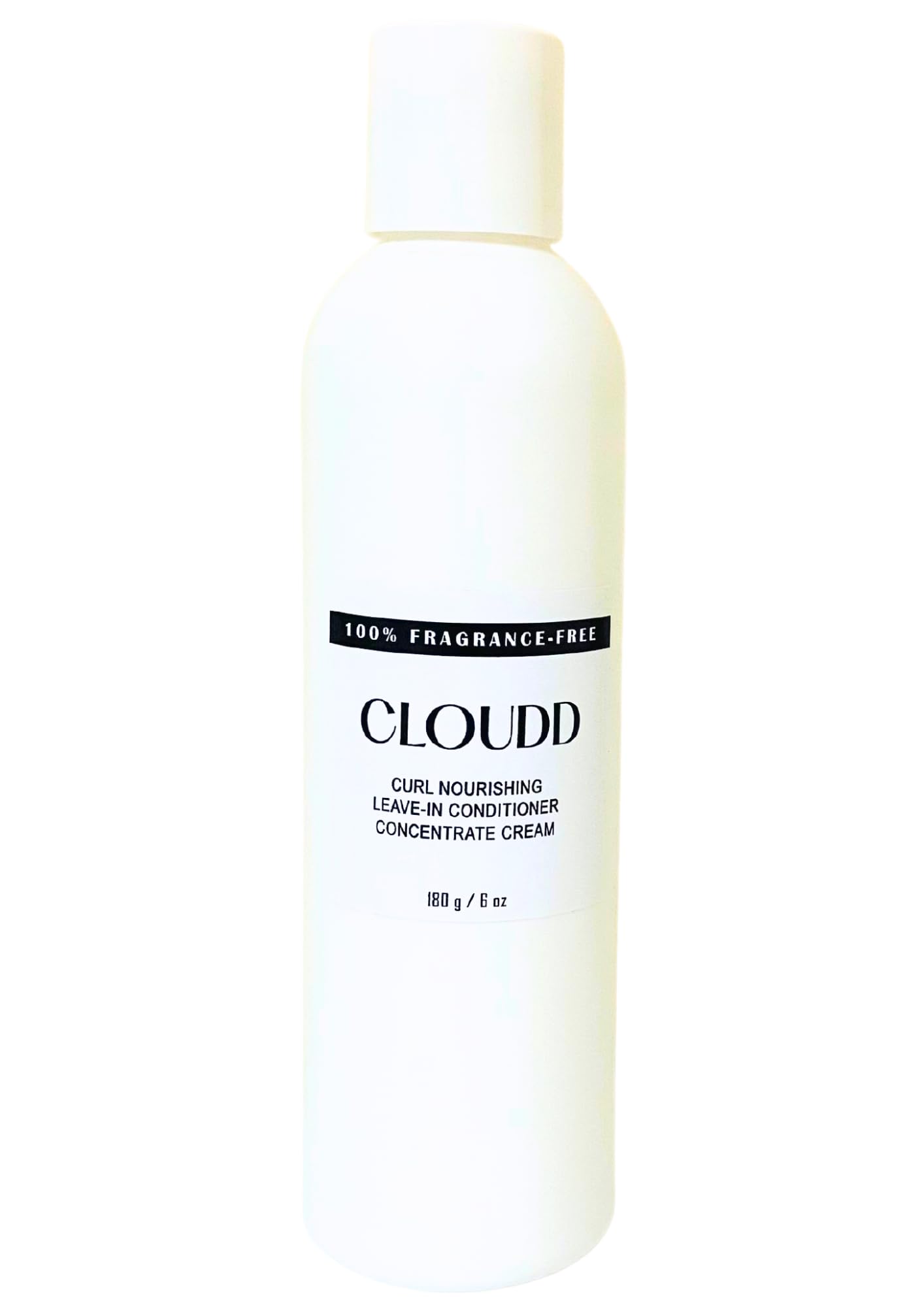 CLOUDD fragrance-free curl leave-in bottle shows unscented formula for sensitive scalps.