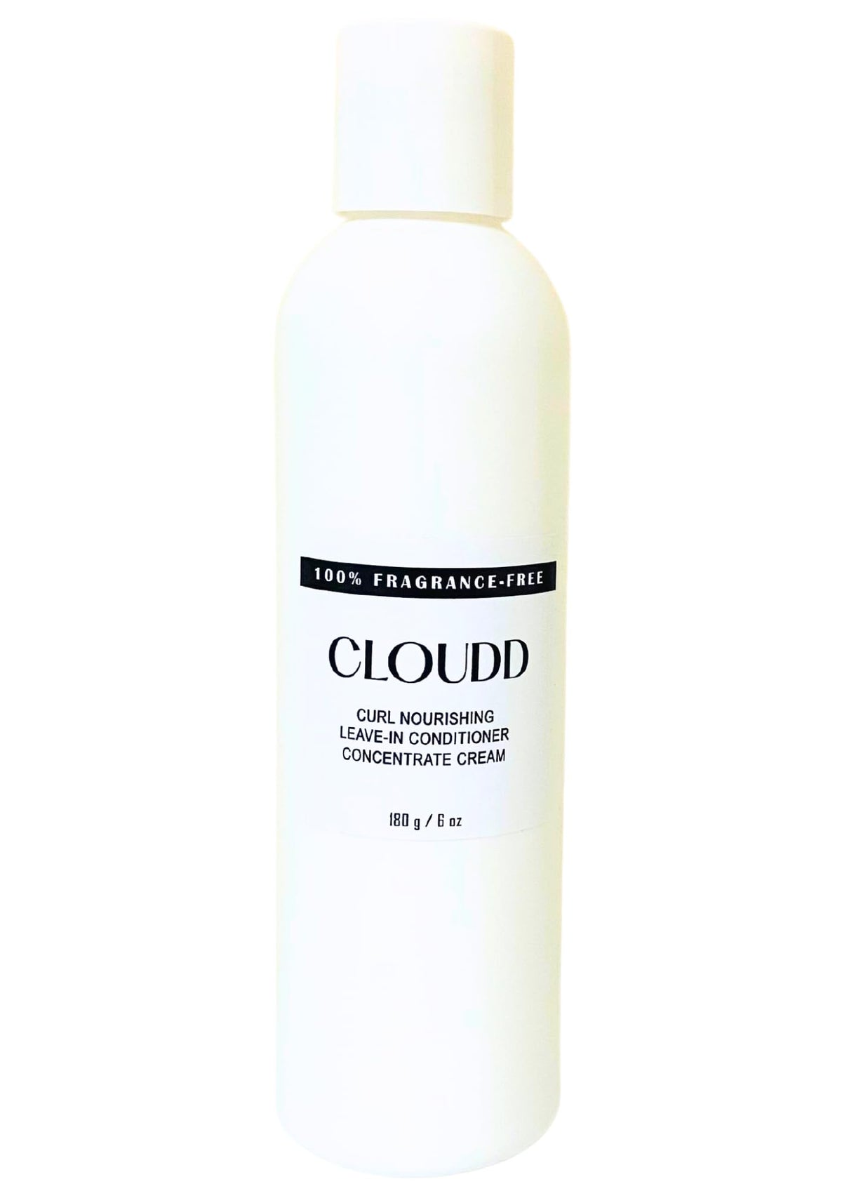 CLOUDD fragrance-free curl leave-in bottle shows unscented formula for sensitive scalps.