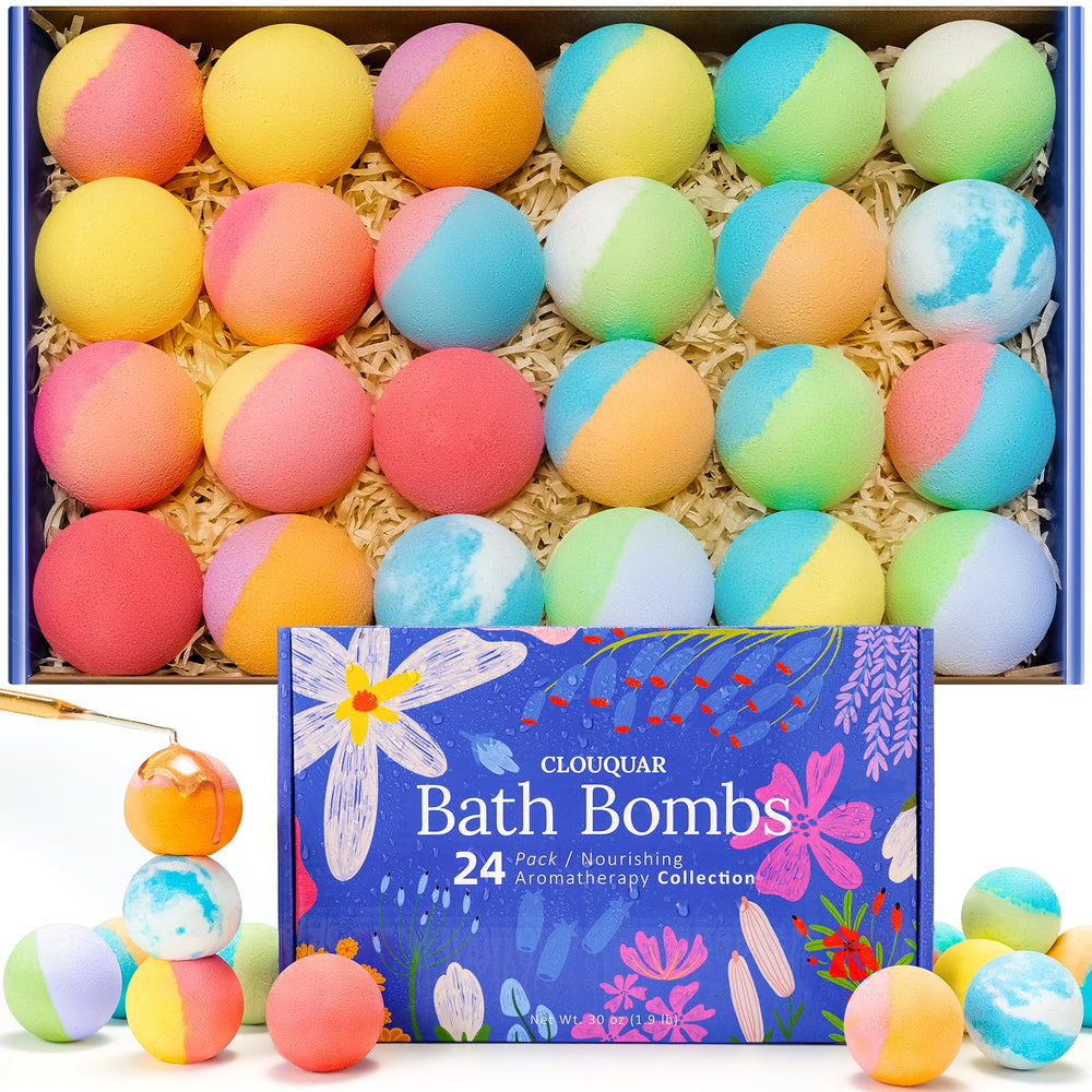 CLOUQUAR hemp oil bath bombs 24-pack with assorted colors for a soothing home spa soak.