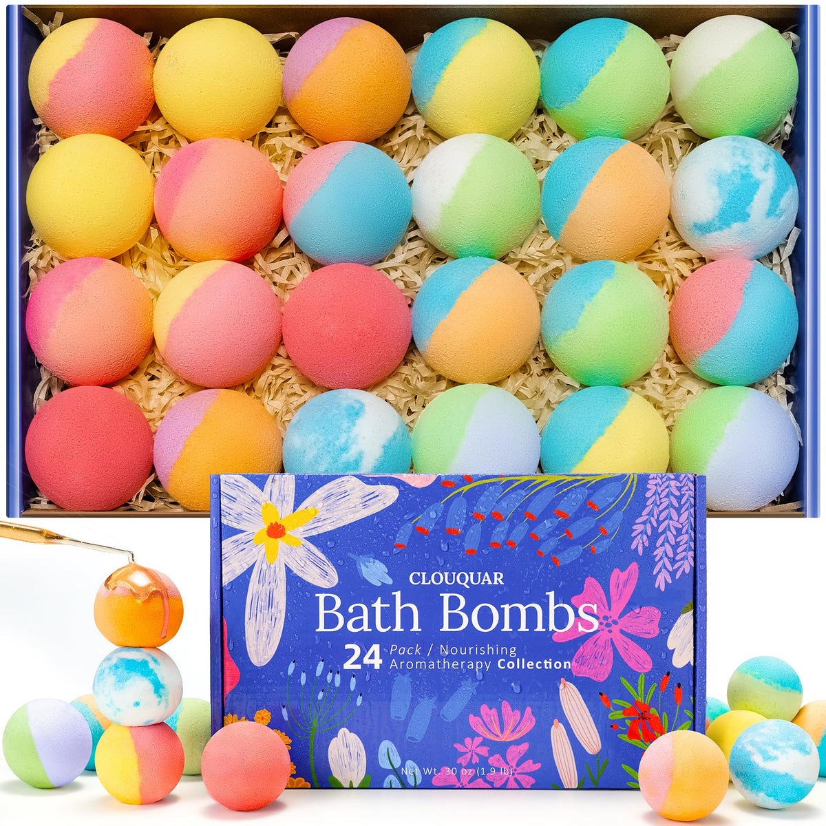 CLOUQUAR hemp oil bath bombs 24-pack with assorted colors for a soothing home spa soak.