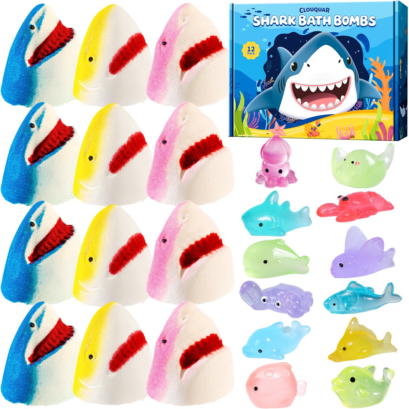 CLOUQUAR Shark Bath Bombs pack-12 with vibrant colors enhance bath time play.