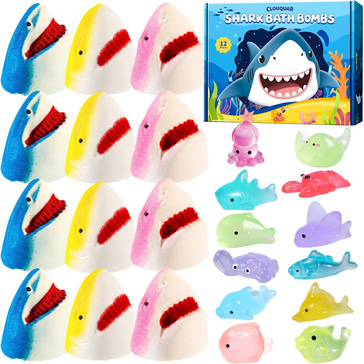CLOUQUAR Shark Bath Bombs pack-12 with vibrant colors enhance bath time play.