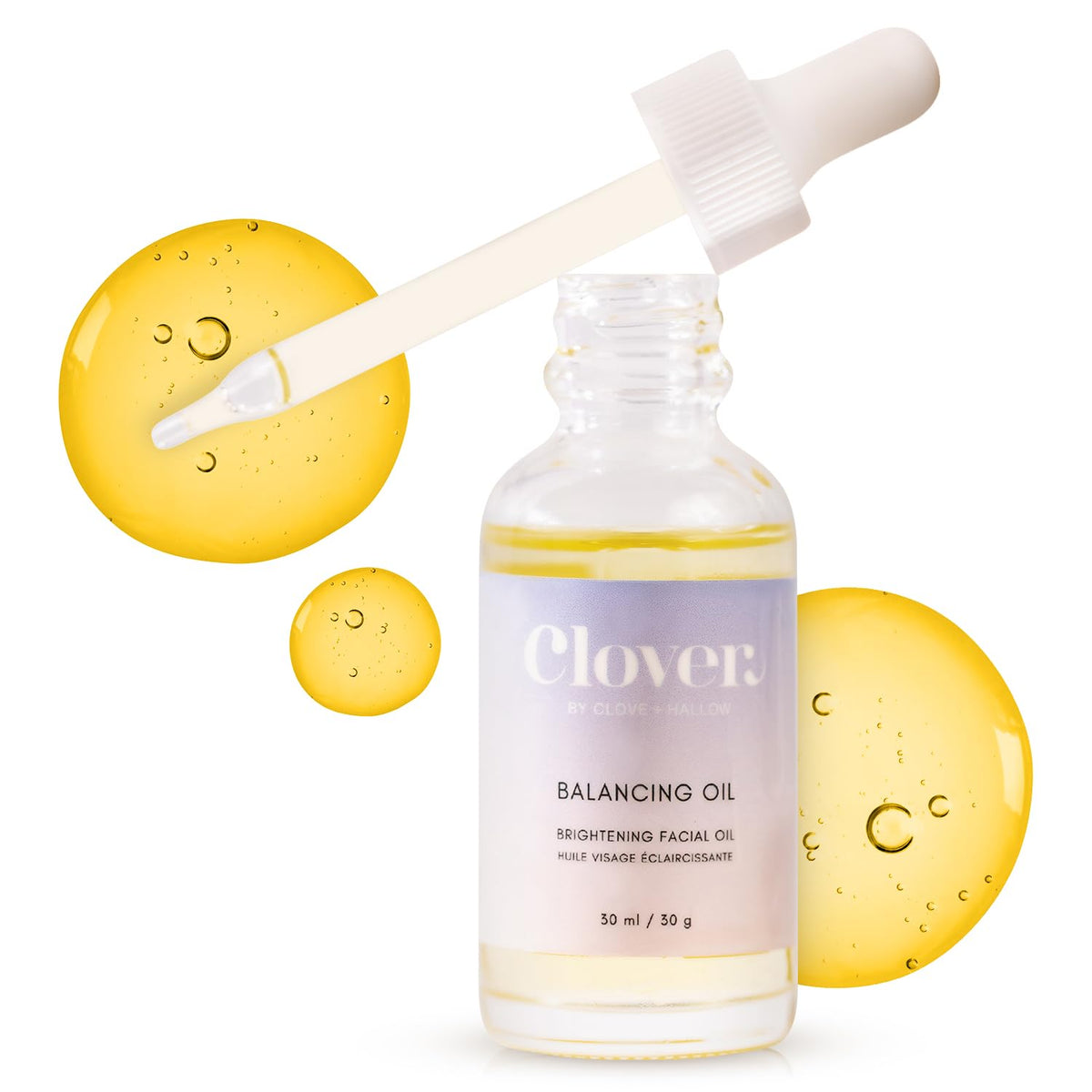 Clover Balancing Oil bottle close-up showing fragrance free formula for calm skin