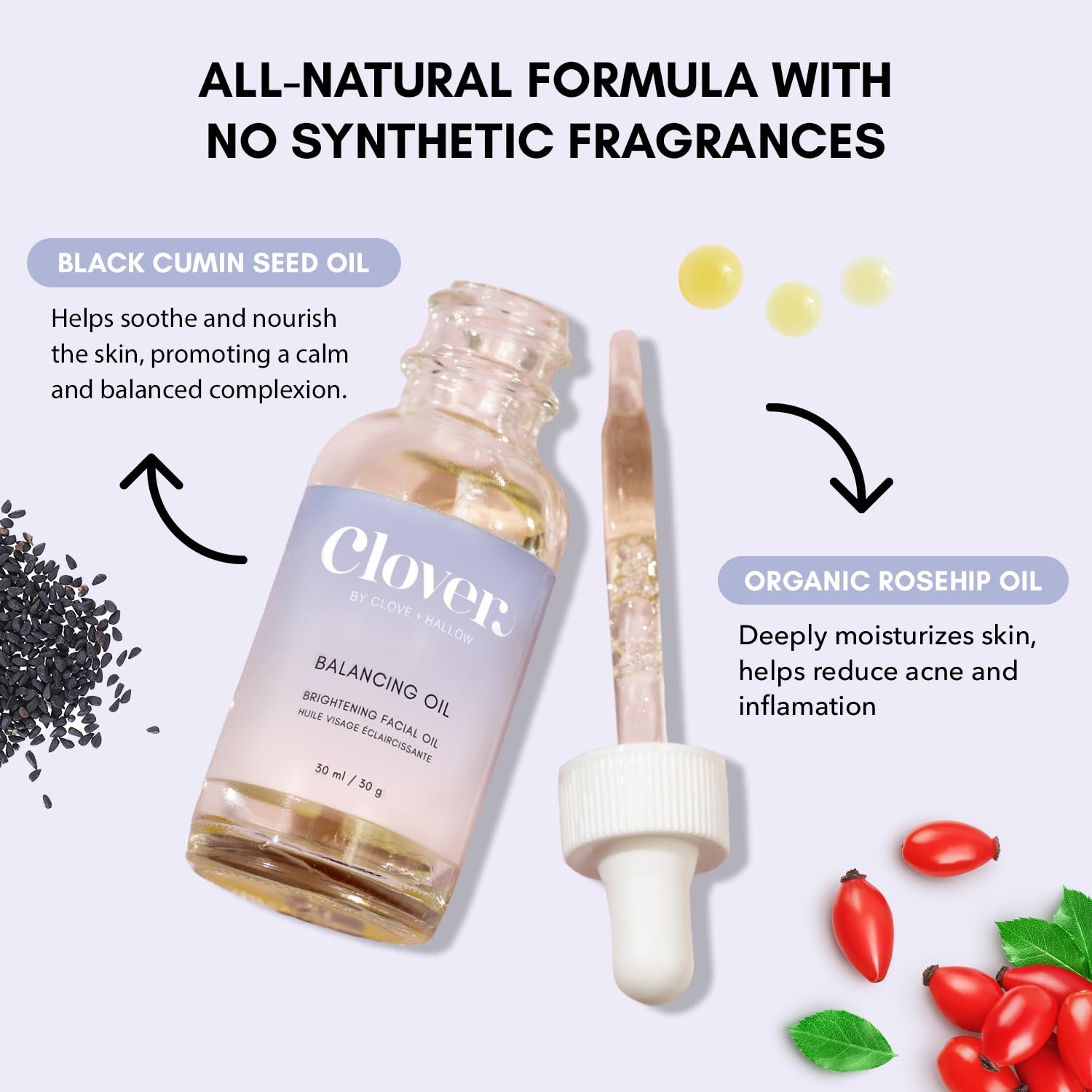 Clover Balancing Oil eco glass bottle emphasizing sustainable packaging