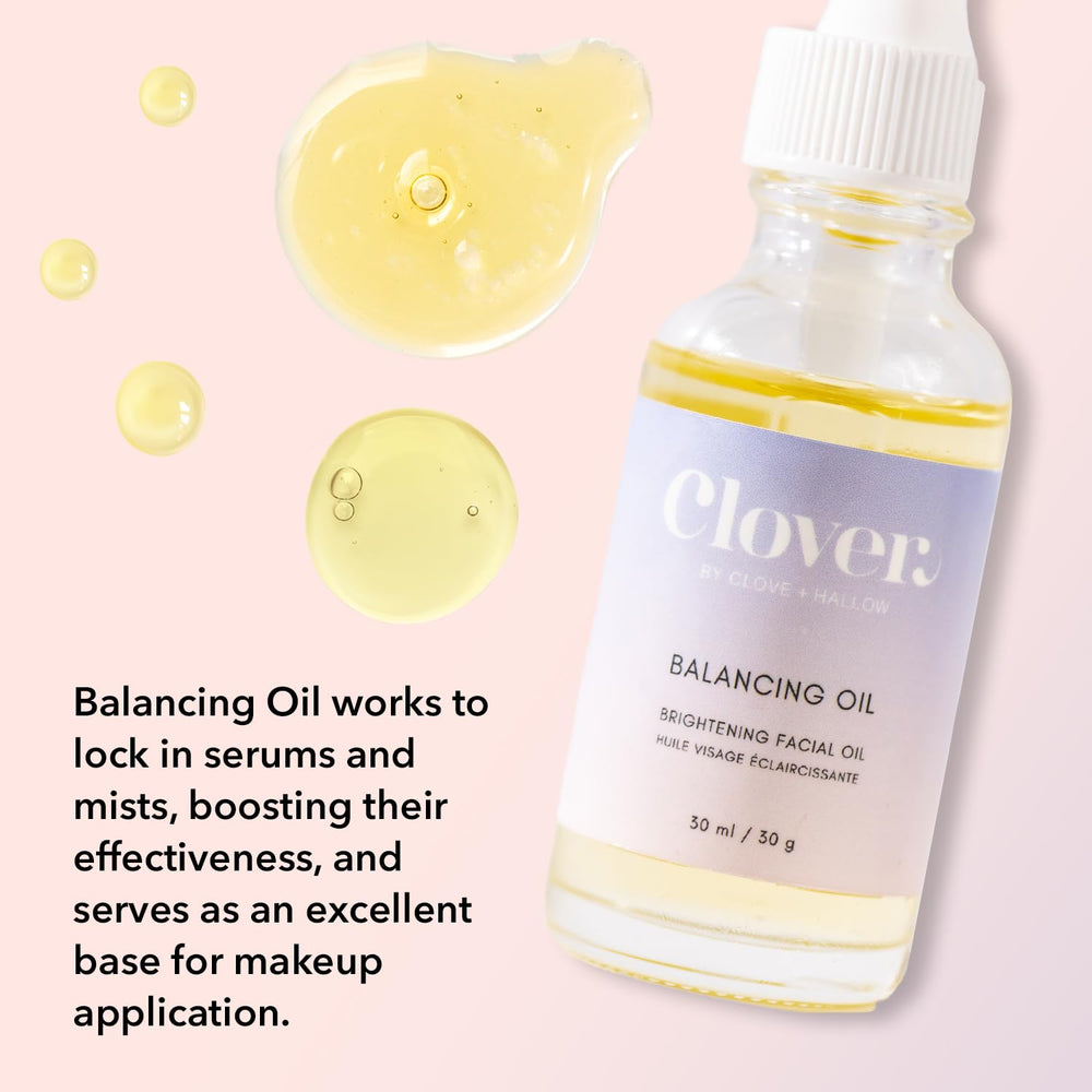 Clover Balancing Oil being poured from a glass bottle for easy application