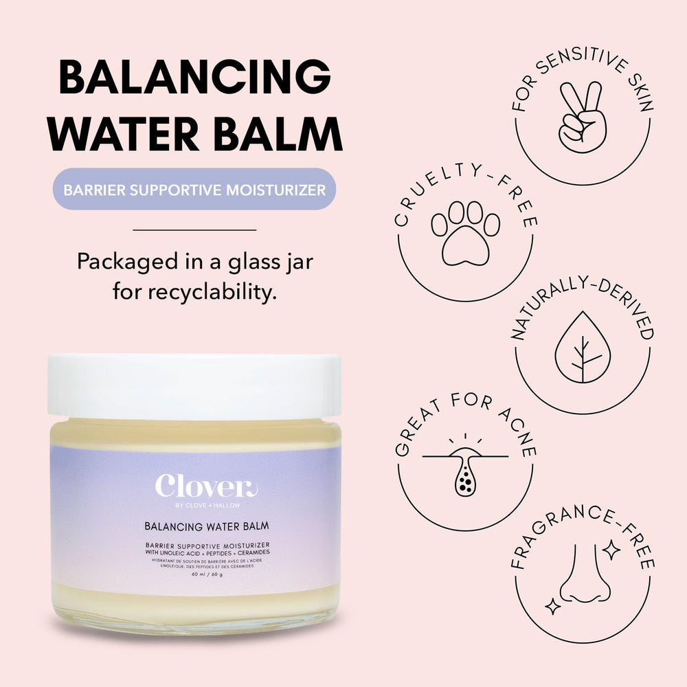 Clover Balancing Water Balm texture swatch shows non-greasy finish for all skin types.