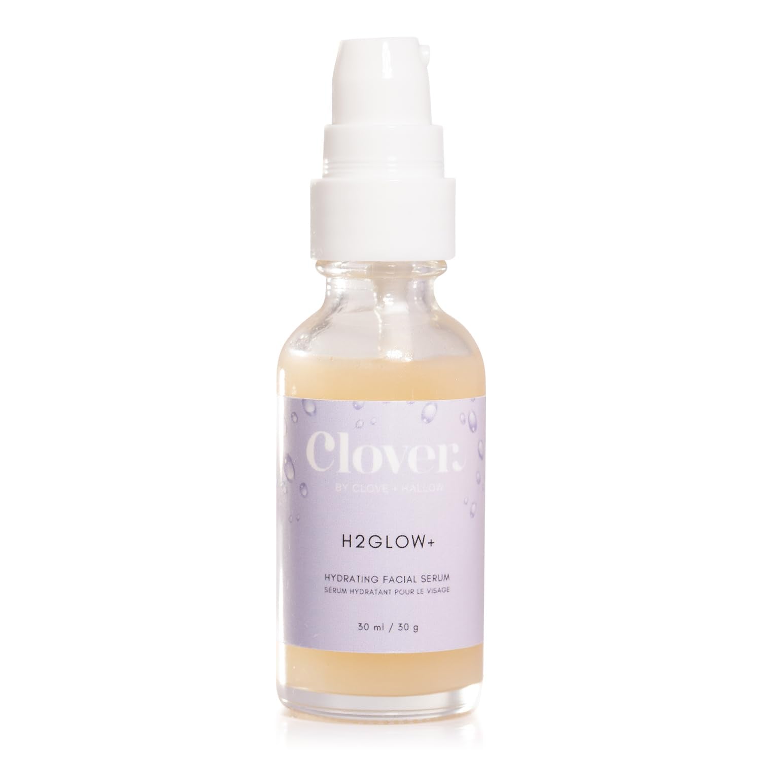 Clover H2Glow+ bottle closeup showing premium hydration packaging.