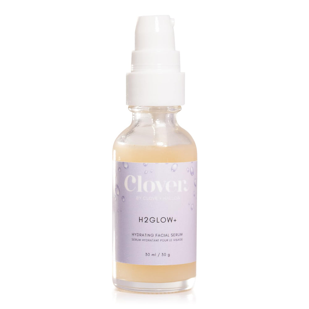 Clover H2Glow+ bottle closeup showing premium hydration packaging.