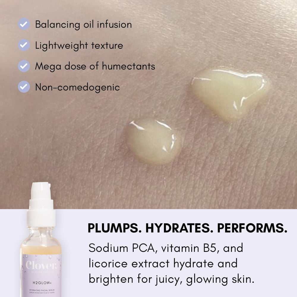 Clover H2Glow+ packaging label communicates vegan, cruelty-free credentials.