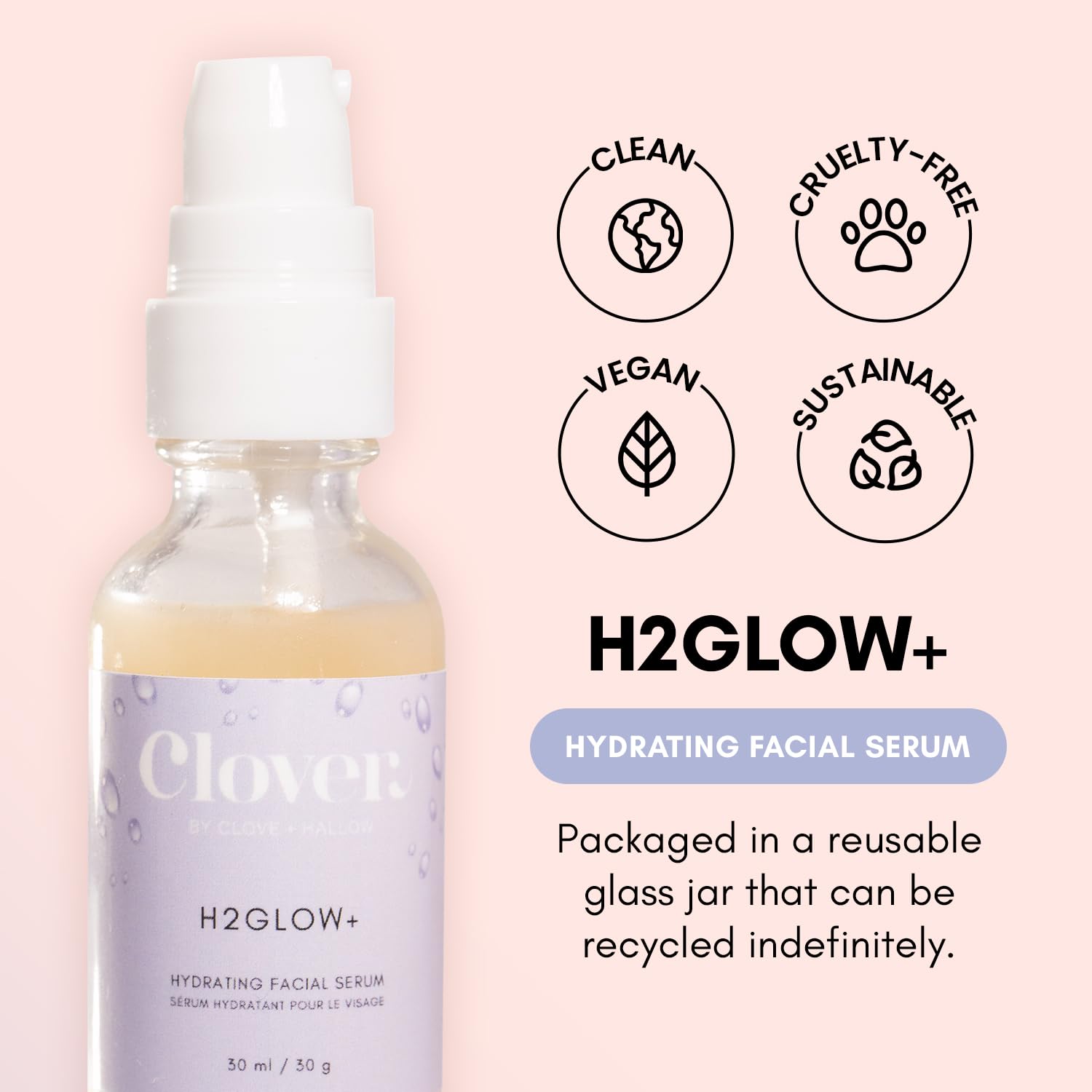 Clover H2Glow+ serum drop closeup highlighting rich texture for hydration.