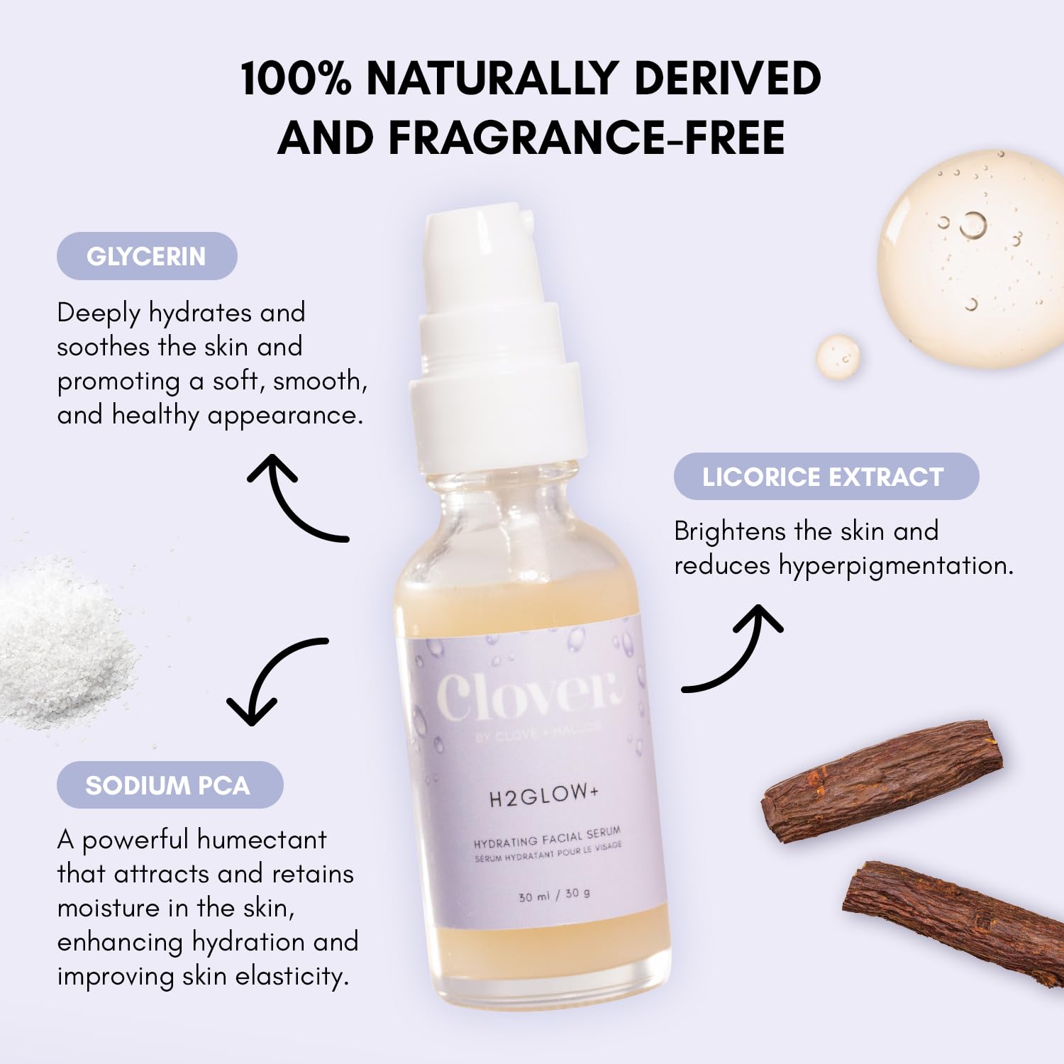 Clover H2Glow+ texture swirl reveals creamy, nourishing formula.