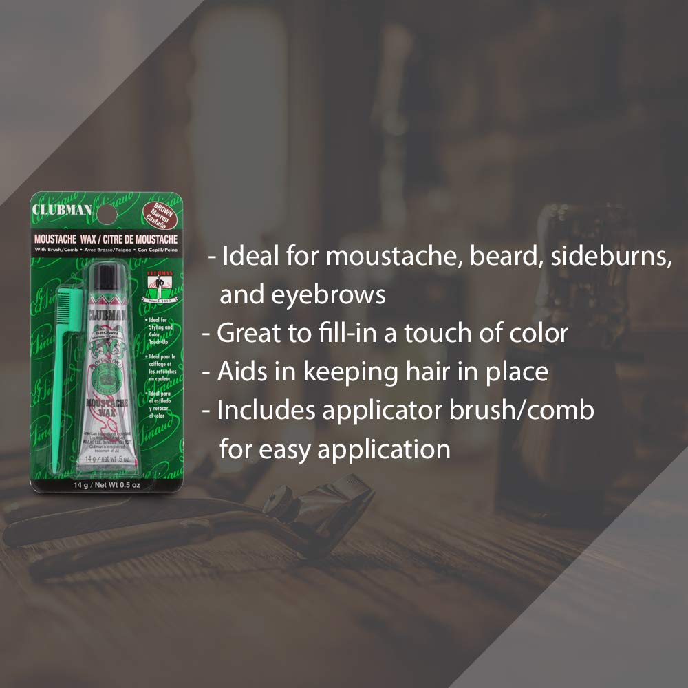Clubman moustache wax with brush and comb in pack for precise styling