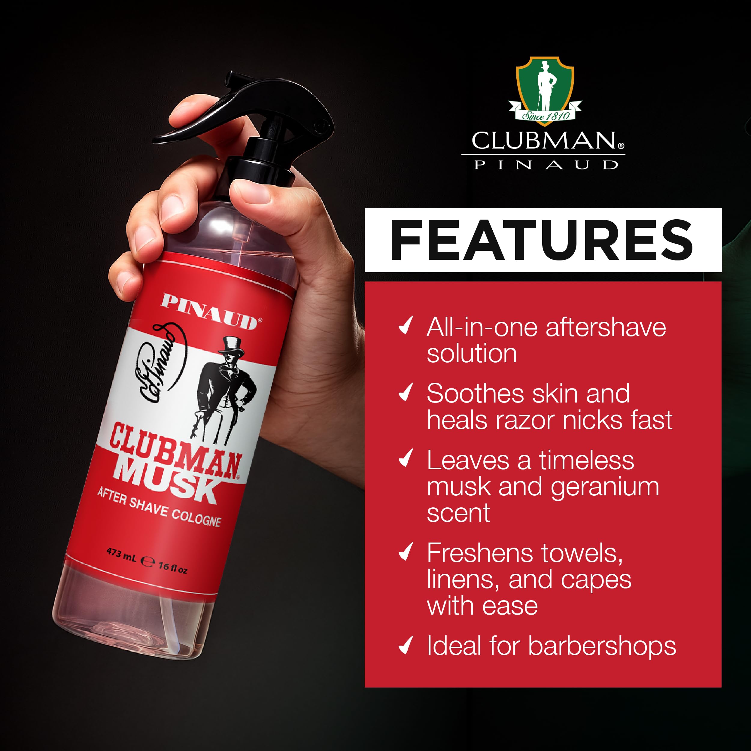 16 oz Clubman Musk bottle on counter ready for long-lasting use.