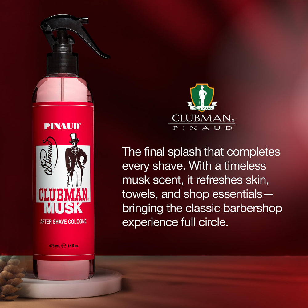 Dispense nozzle on Clubman Musk after shave for even, refined application.
