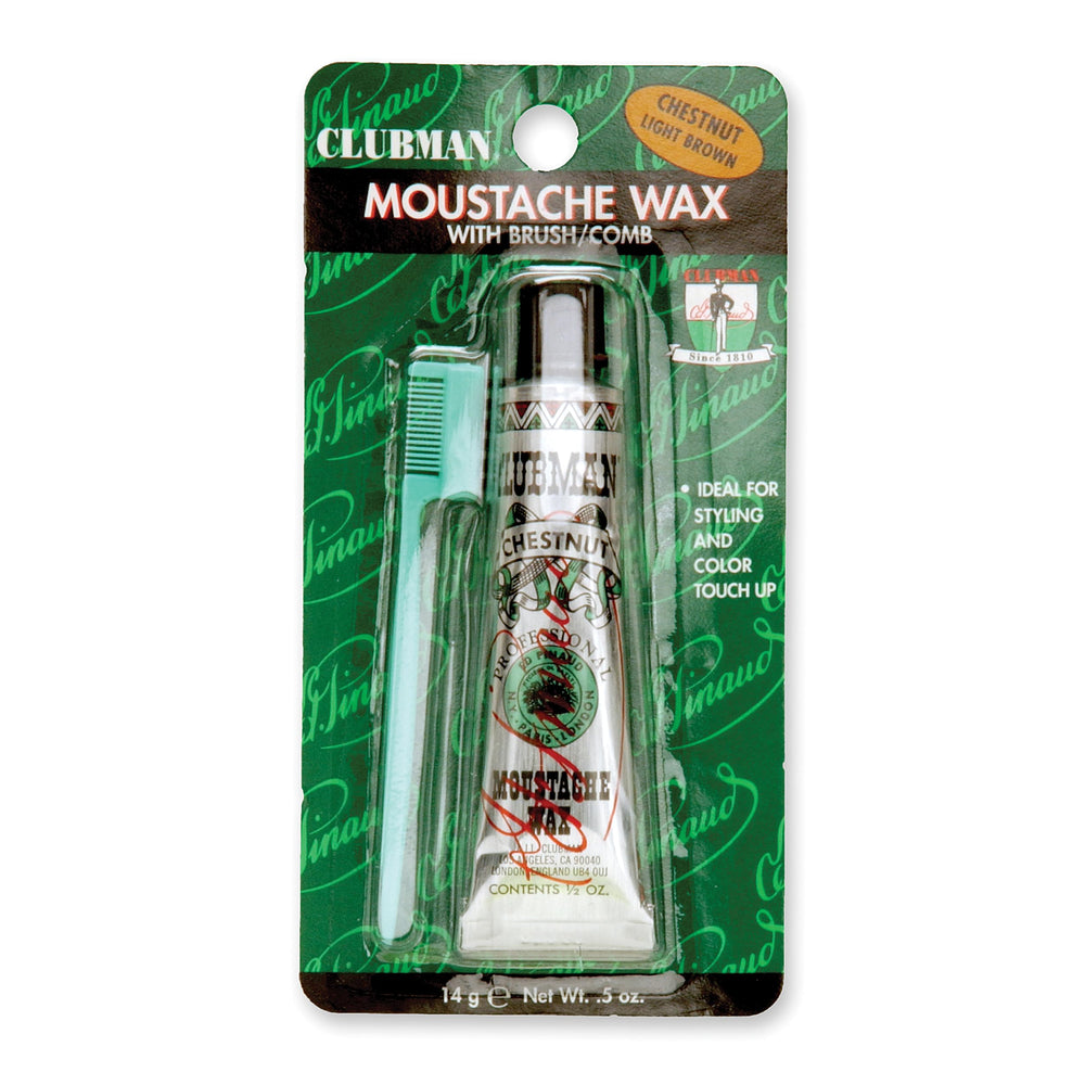 Clubman mustache wax chestnut brown tin for precise daily styling.
