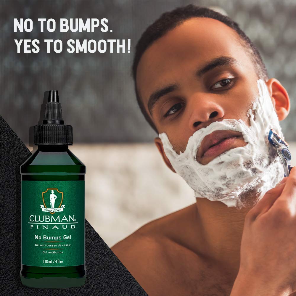 Clubman No Bumps Gel on the face supports soothing after-shave.