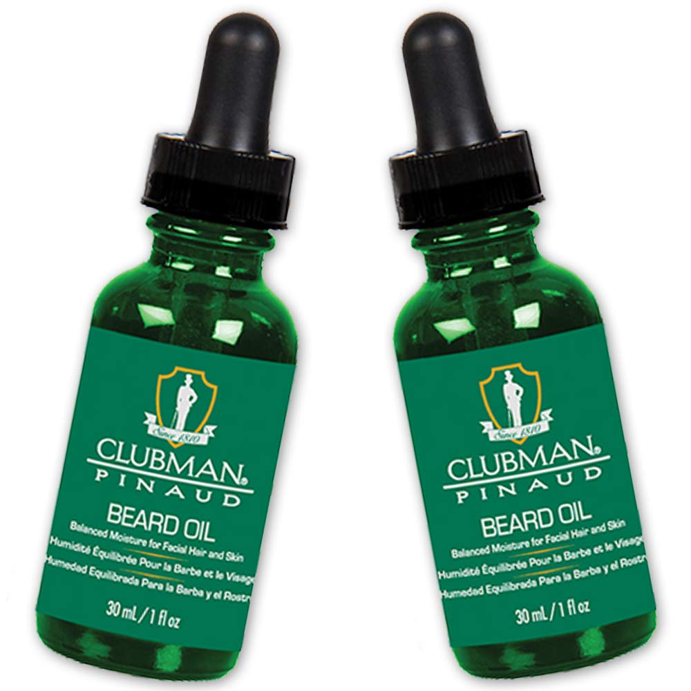 Clubman Pinaud beard oil bottle showing a glossy finish for a frizz-free look.