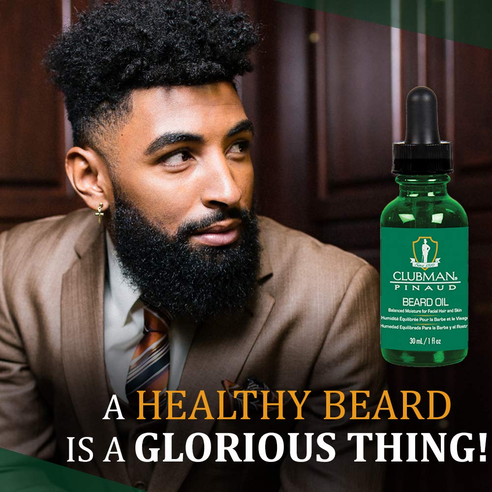 Clubman Pinaud beard oil drops prepared for quick-absorb application.
