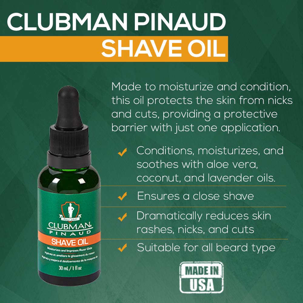 Clubman Pinaud Pre Shave Oil in-use demonstrates hair softening before shaving.