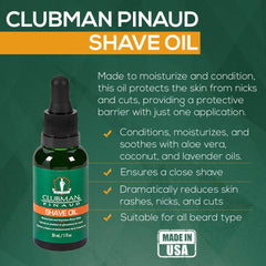 Clubman Pinaud Pre Shave Oil in-use demonstrates hair softening before shaving.