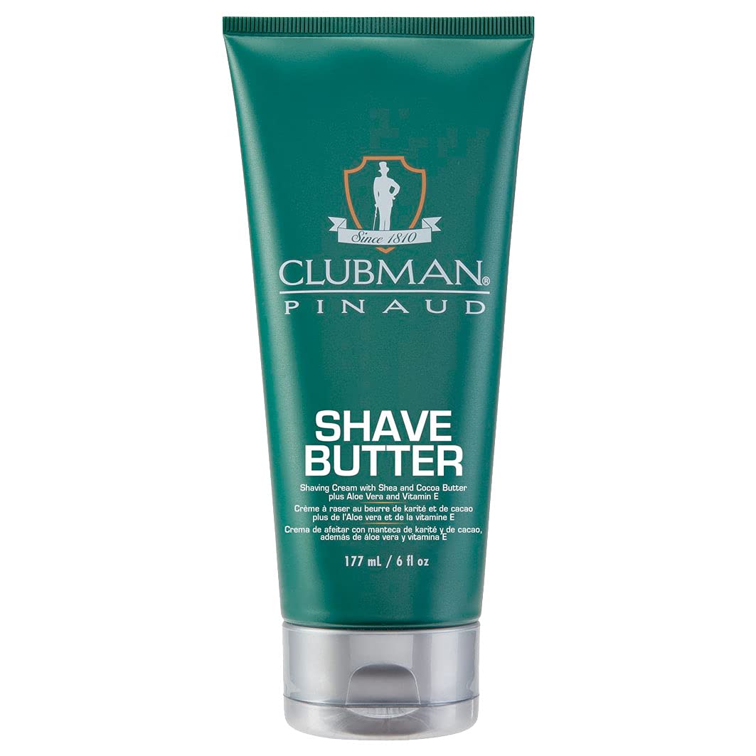 Clubman Pinaud shave butter in a 6 oz jar for a smooth, hydrated shave.