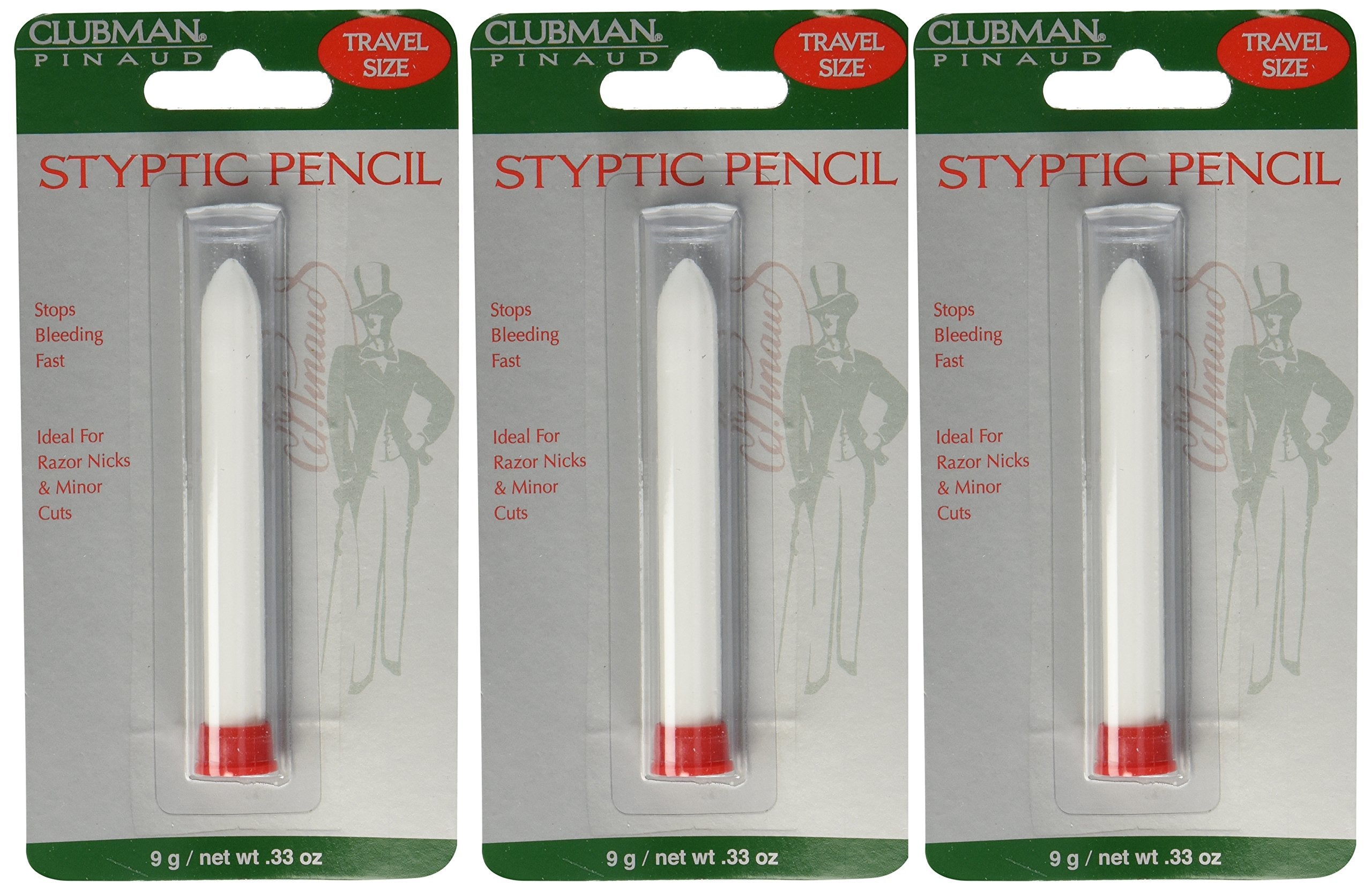 Clubman Pinaud styptic pencil travel-pack close-up for quick nick stopping on the go.