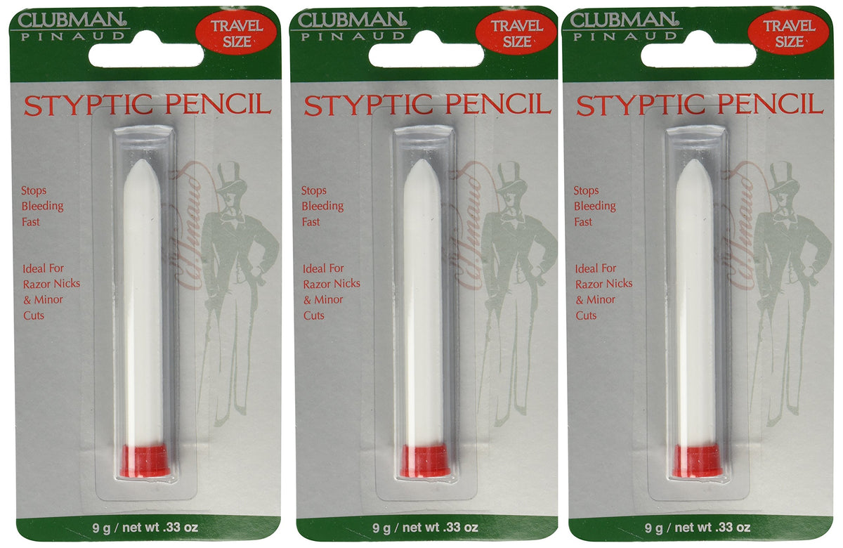 Clubman Pinaud styptic pencil travel-pack close-up for quick nick stopping on the go.