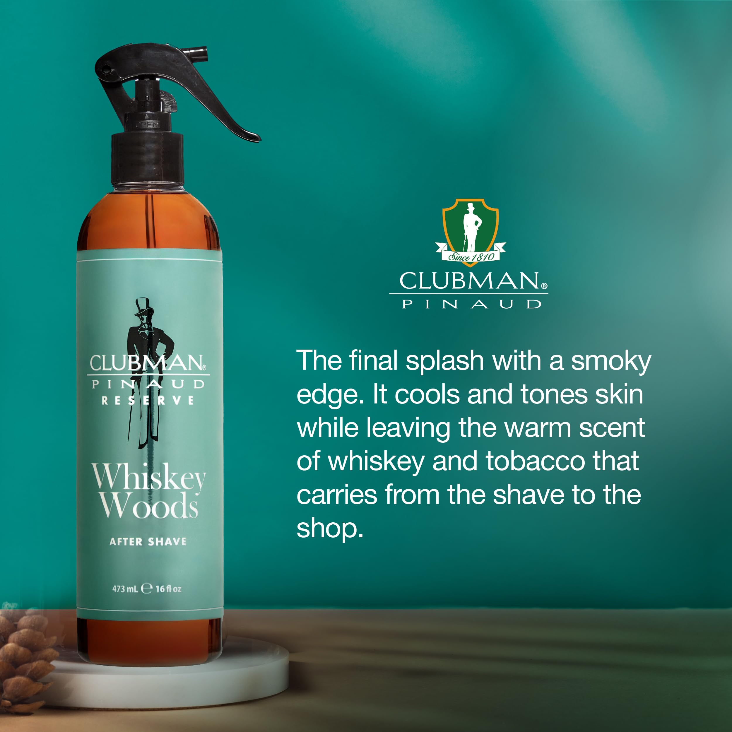 Clubman Reserve Whiskey Woods cap and bottle highlight premium grooming aesthetics