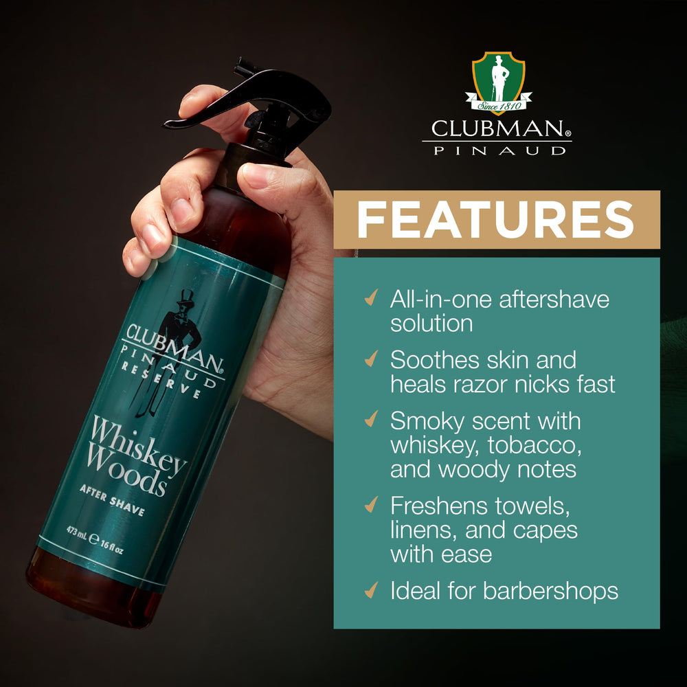 Clubman Reserve Whiskey Woods spray mist on skin for refreshed feeling