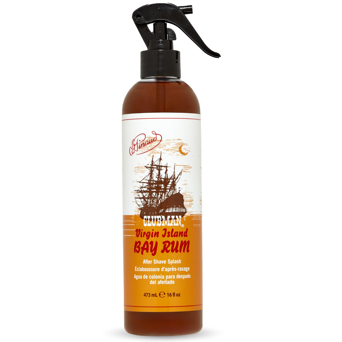 Clubman Virgin Island Bay Rum spray bottle front view highlighting branding and classic aftershave scent.