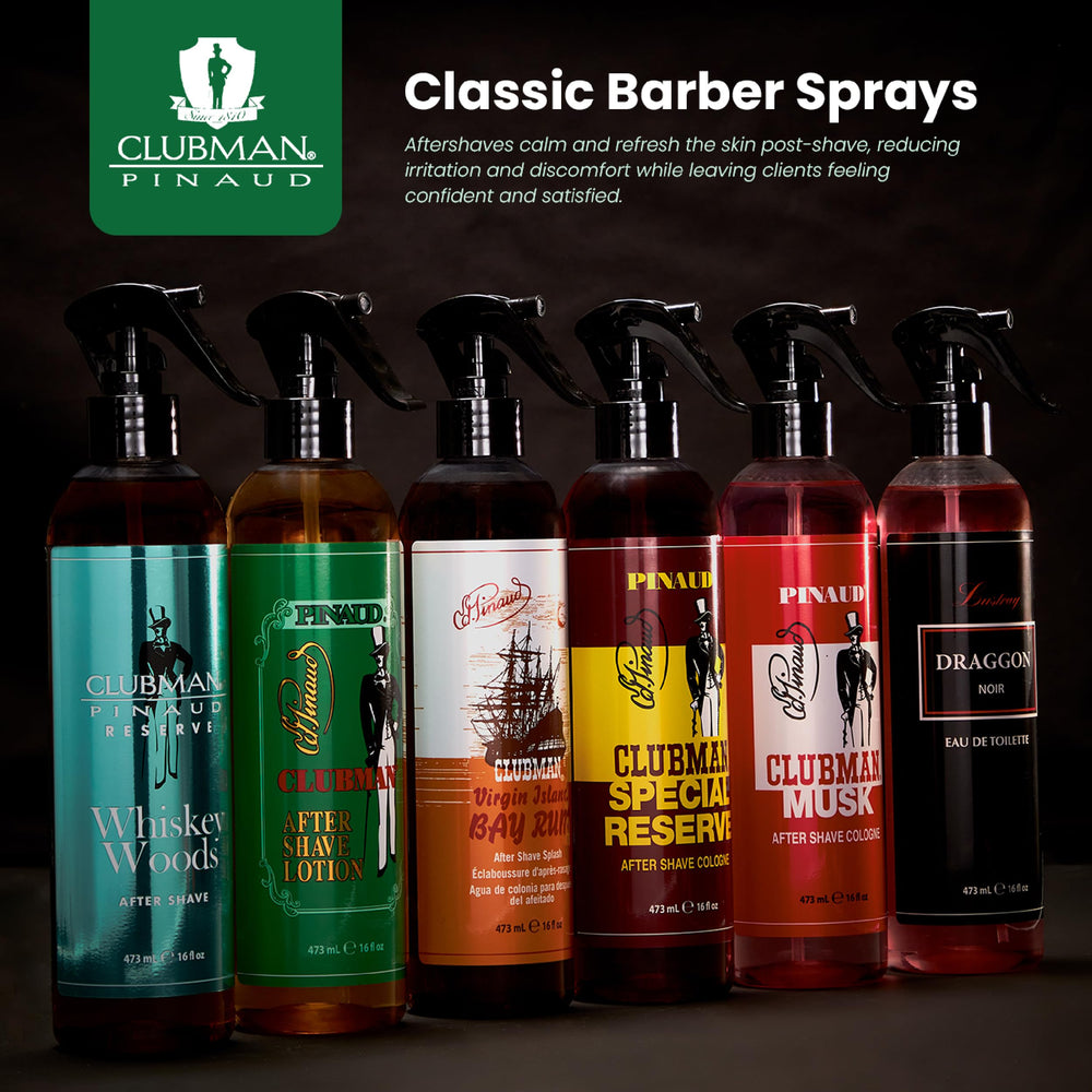 Clubman Virgin Island Bay Rum spray being applied for a quick refreshing moment after shave.