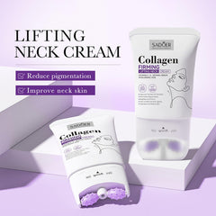 CLY AMS neck cream showing wrinkle-firming action with dual-roller massage.