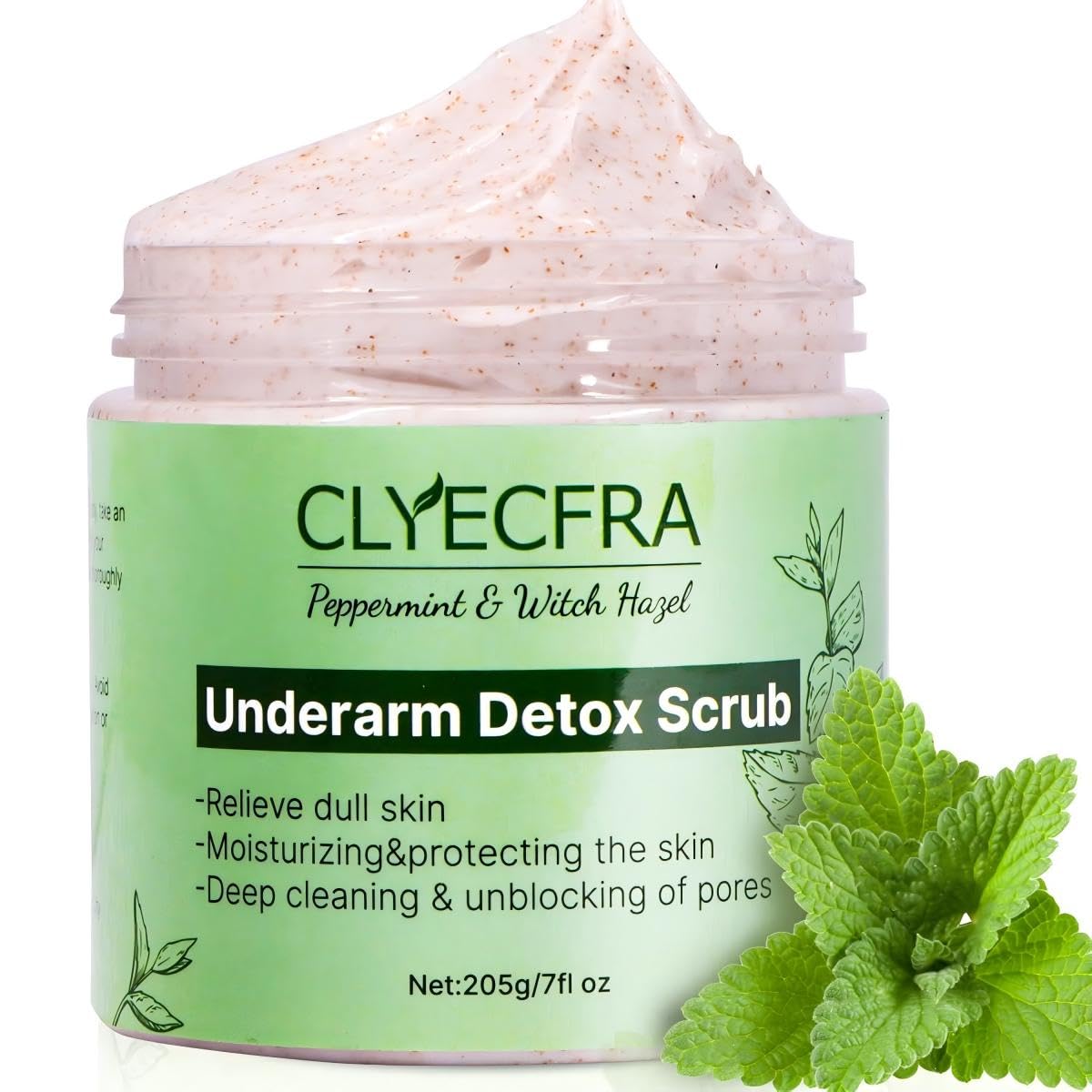 Clyecfra peppermint underarm detox scrub jar showing refreshing cleanse