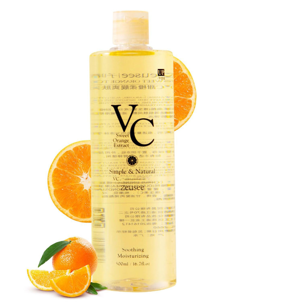 CLYXQP VC Toner bottle closeup showing refreshing hydration for all skin types.