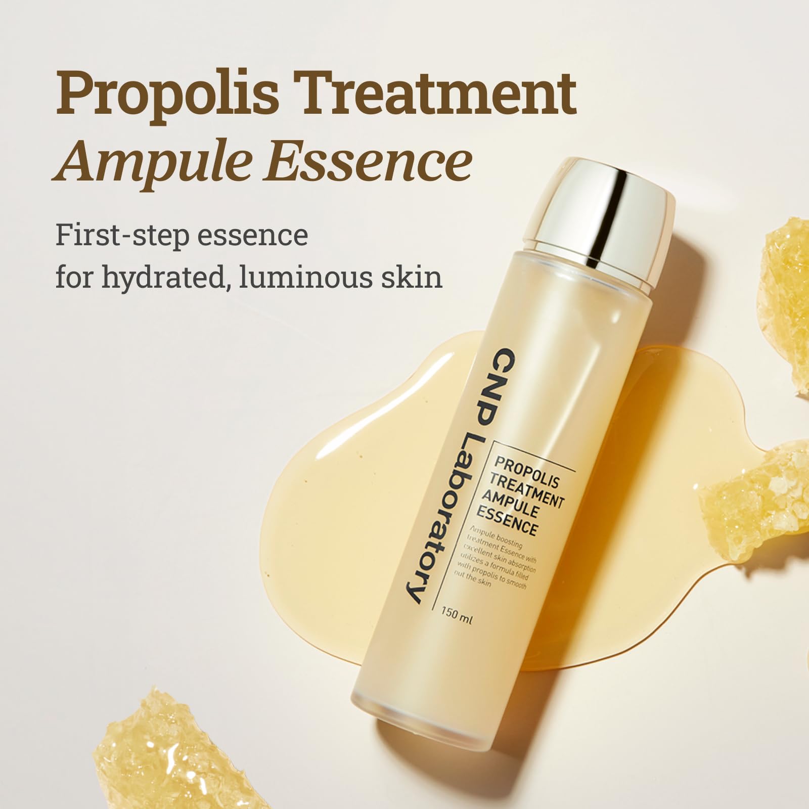 Closeup of CNP toner label emphasizes propolis and ceramides for soothing moisture
