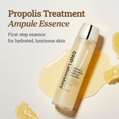 Closeup of CNP toner label emphasizes propolis and ceramides for soothing moisture