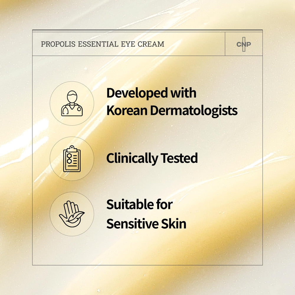 CNP Propolis Eye Cream being gently dabbed around the eye area