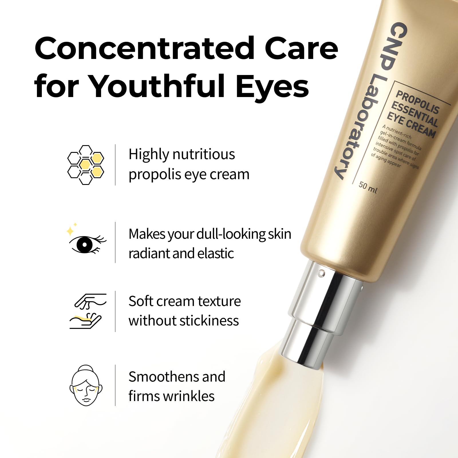 CNP Propolis Eye Cream texture closeup showing lightweight, non-sticky feel