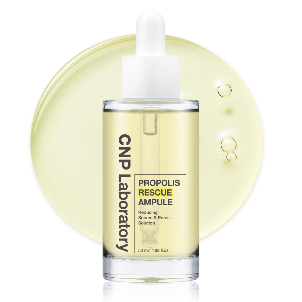 CNP Rescue+Propolis Serum bottle closeup showing soothing hydration for sensitive skin