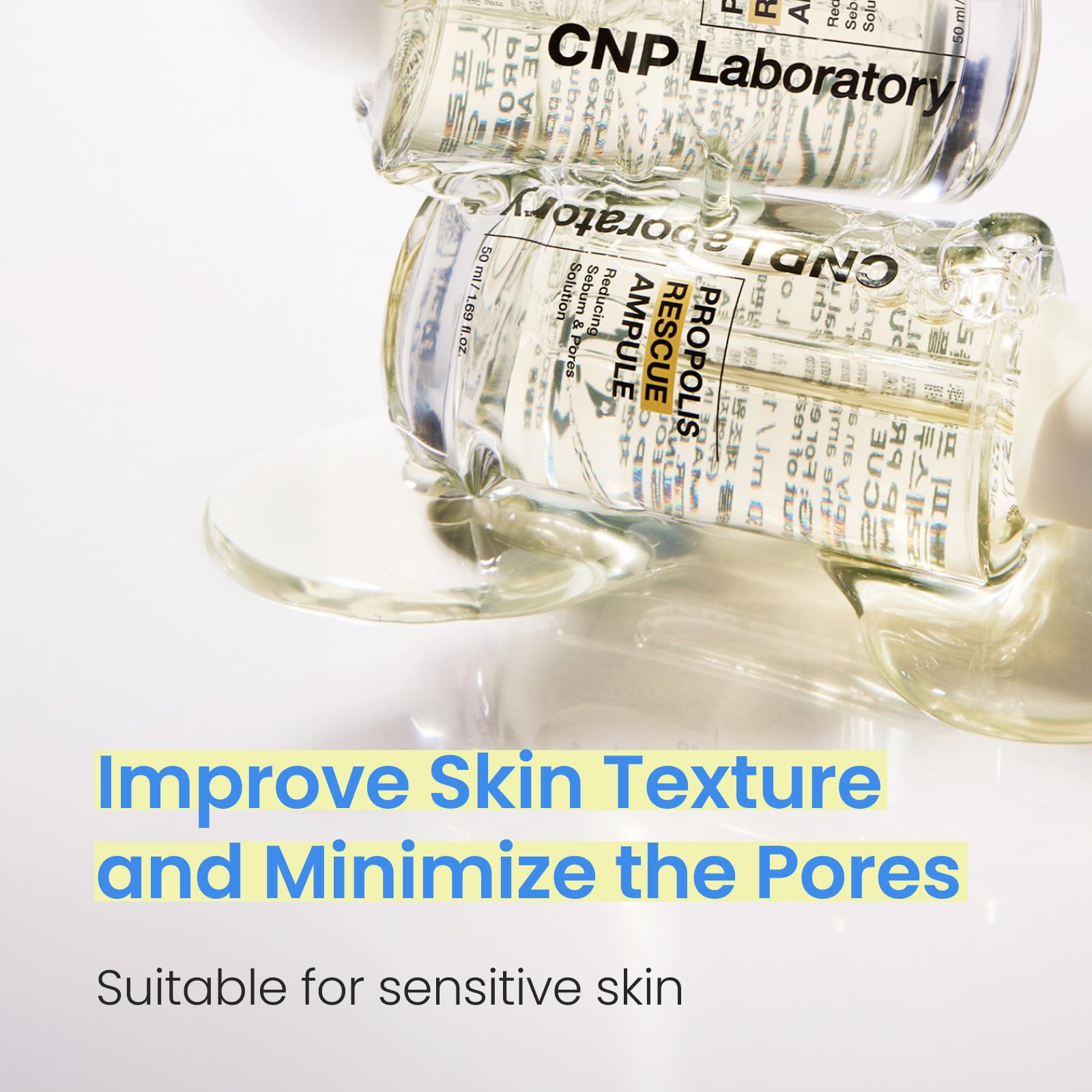 CNP Rescue+Propolis Serum texture swirl emphasizing lightweight, non-greasy feel