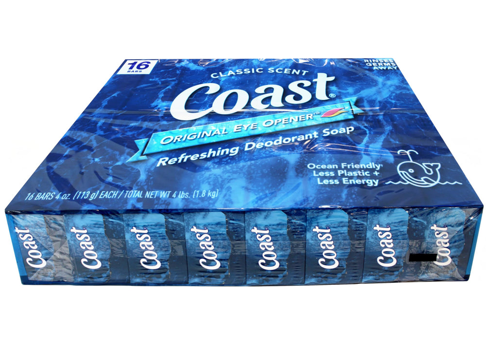 Coast deodorant soap bars 16-pack box, ready for long-term use.
