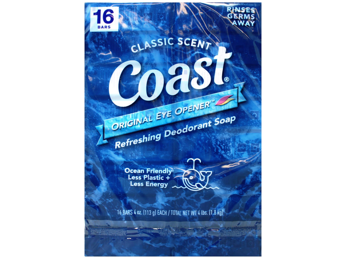 Coast deodorant soap bar front view highlights compact 4 oz size for daily use.